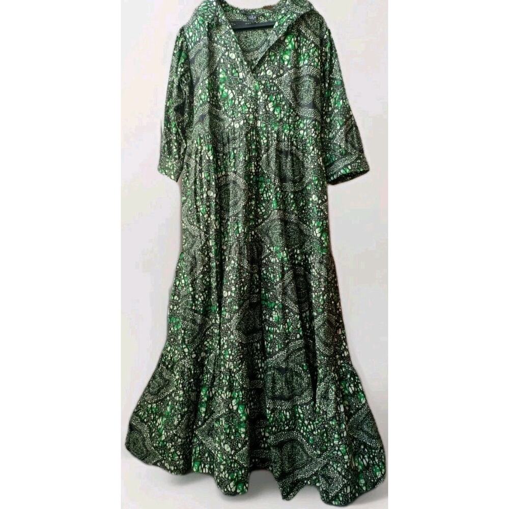 the Oula Company Tiered Maxi Printed Green Cotton Shirt Dress A-Line One Size